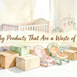 assorted unused baby gear and unopened boxes on a white floor