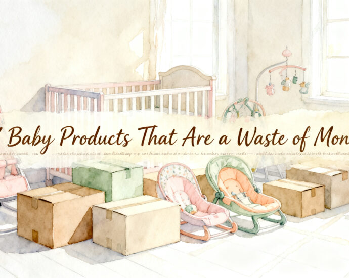 assorted unused baby gear and unopened boxes on a white floor
