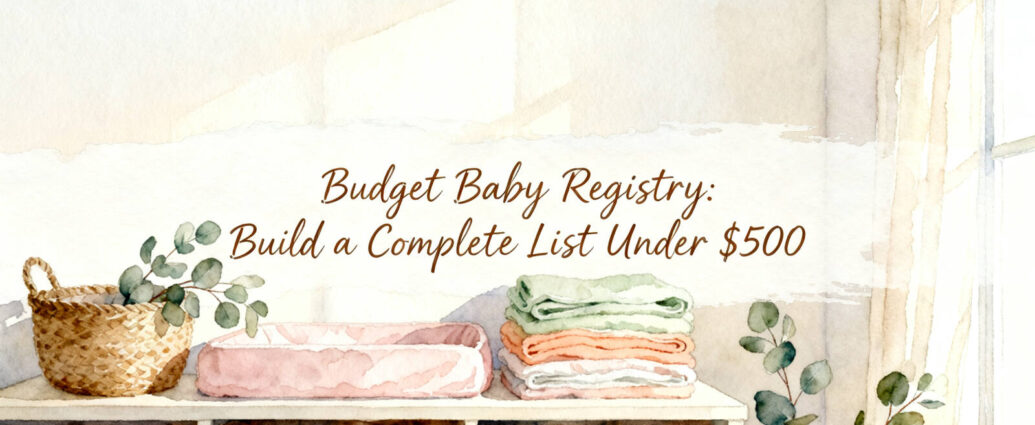 budget baby registry items including diapers swaddles and bottles on a white surface