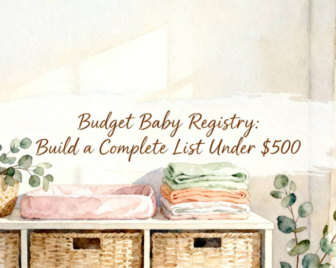 budget baby registry items including diapers swaddles and bottles on a white surface
