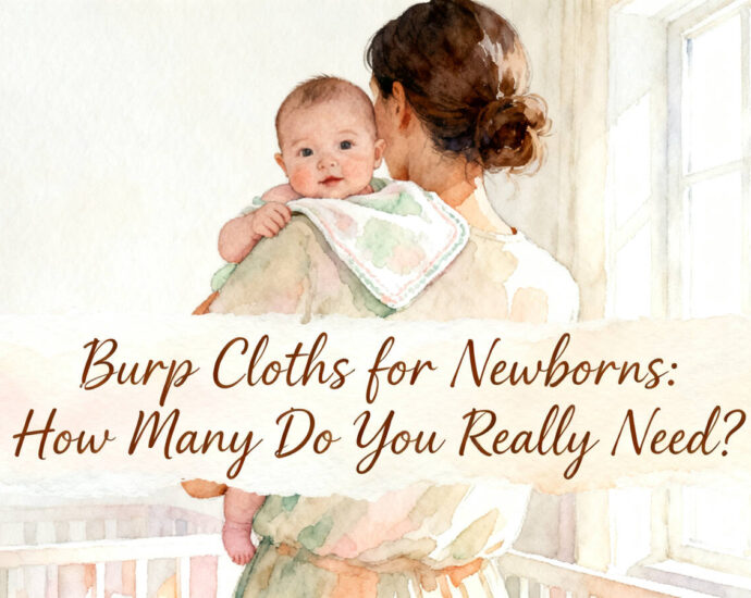 parent burping newborn over shoulder with white burp cloth