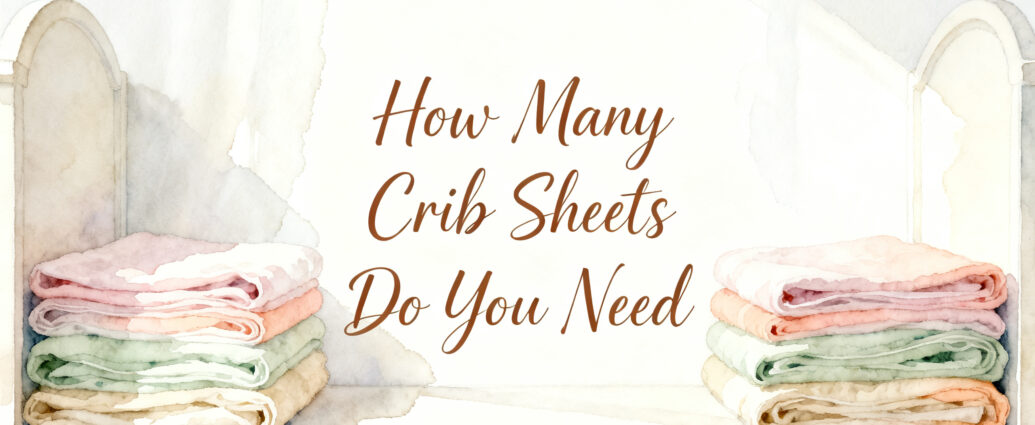 stacked folded crib sheets on a nursery shelf next to a white crib
