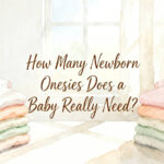 stack of folded newborn onesies sorted by size on a changing table