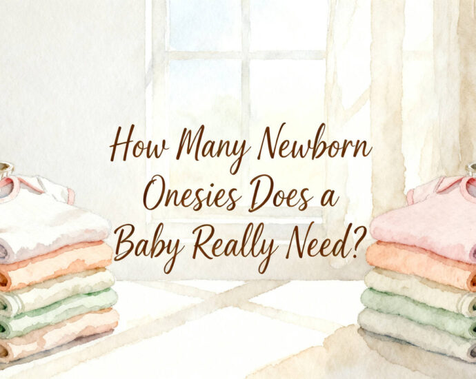 stack of folded newborn onesies sorted by size on a changing table