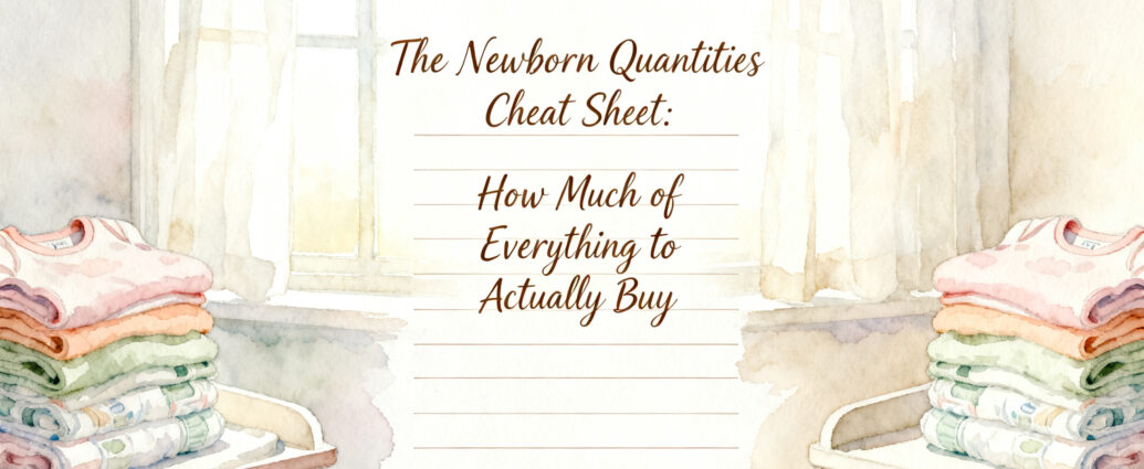 newborn baby in onesie lying next to folded baby clothes and a pack of diapers