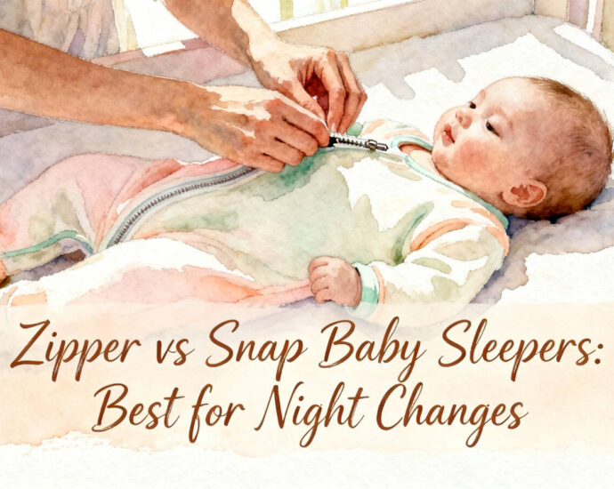 zipper vs snap baby sleepers laid flat side by side on white background