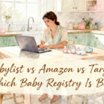 expecting parent browsing a baby registry on a laptop surrounded by newborn items