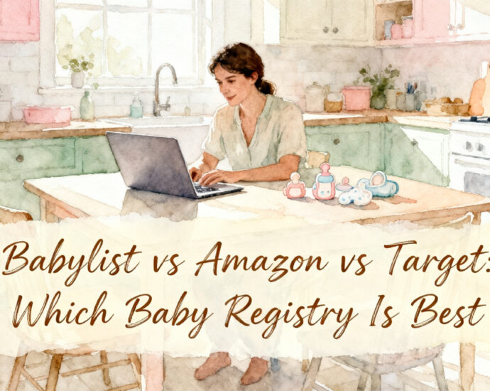 expecting parent browsing a baby registry on a laptop surrounded by newborn items