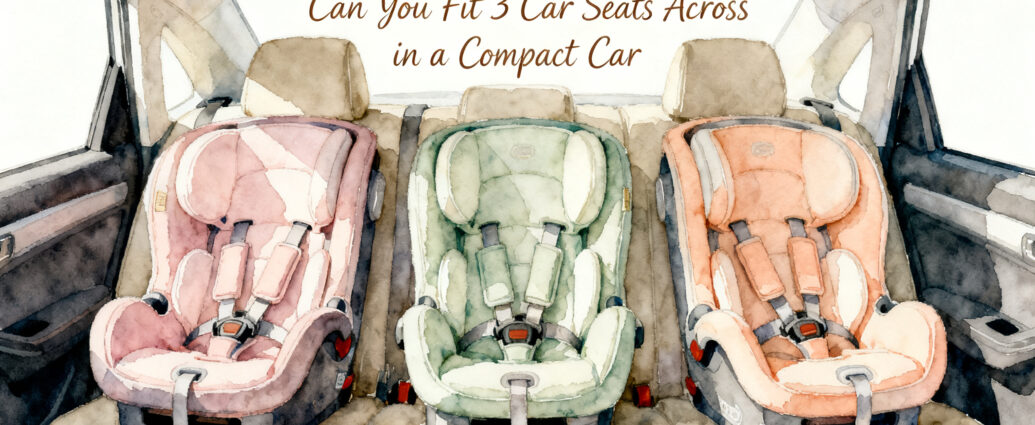 Three car seats side by side across the back seat of a compact car