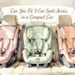 Three car seats side by side across the back seat of a compact car