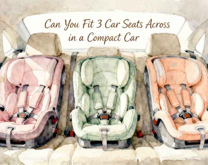 Three car seats side by side across the back seat of a compact car