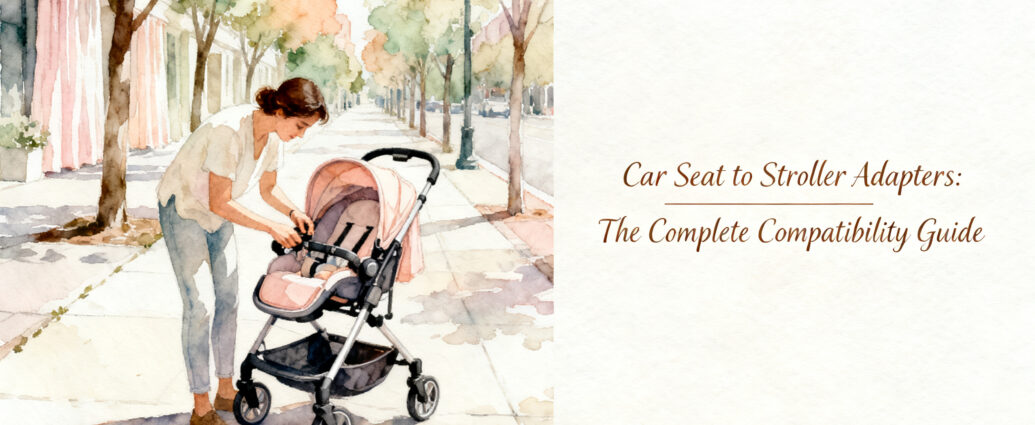 infant car seat clicking onto stroller adapter on a city sidewalk