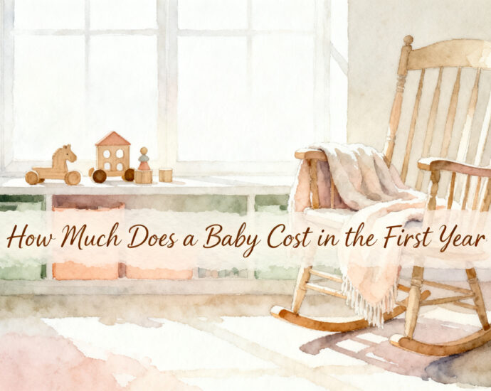 parent reviewing baby cost budget notebook with newborn nearby