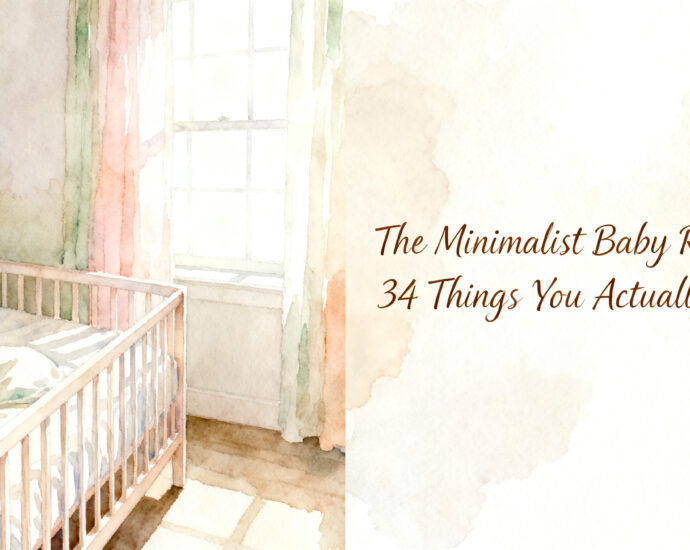 flat lay of minimalist baby registry essentials including onesies, bottles, and swaddles