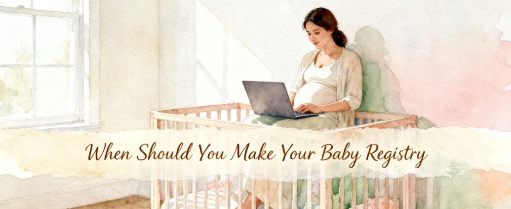 Pregnant woman browsing baby registry items on a laptop in a nursery
