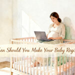 Pregnant woman browsing baby registry items on a laptop in a nursery