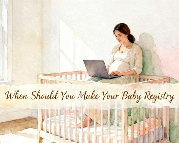 Pregnant woman browsing baby registry items on a laptop in a nursery
