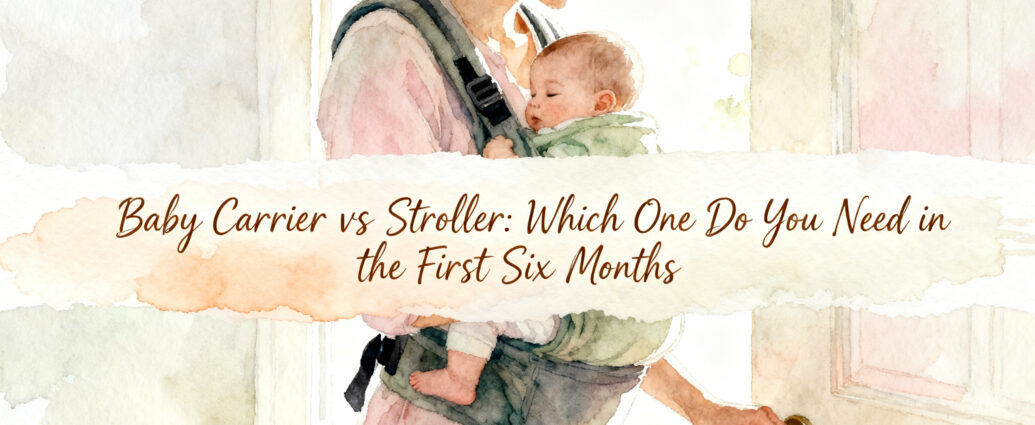 parent wearing newborn in a soft structured carrier heading out the front door