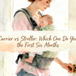 parent wearing newborn in a soft structured carrier heading out the front door
