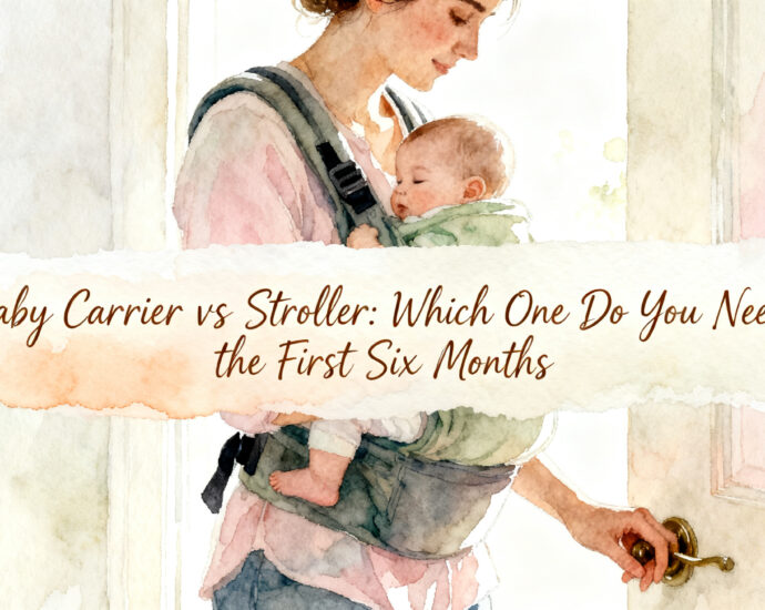 parent wearing newborn in a soft structured carrier heading out the front door