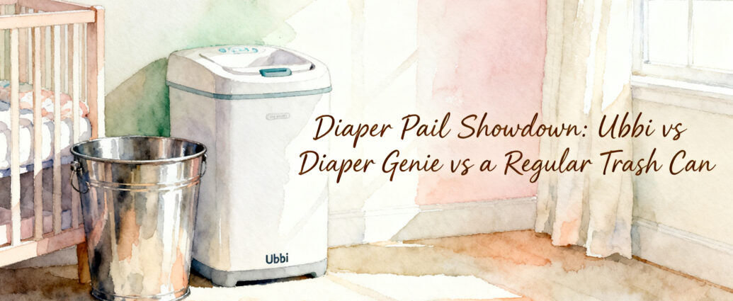 Ubbi steel diaper pail and Diaper Genie Classic side by side in a small nursery corner