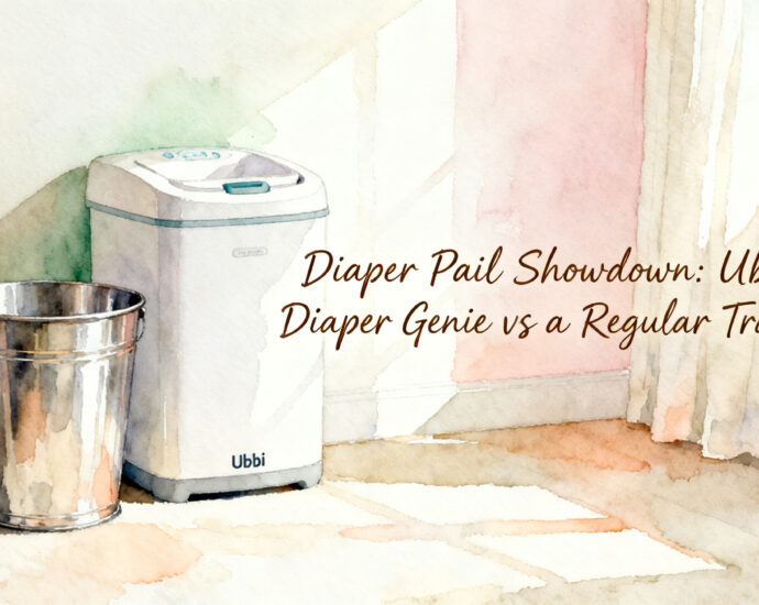 Ubbi steel diaper pail and Diaper Genie Classic side by side in a small nursery corner