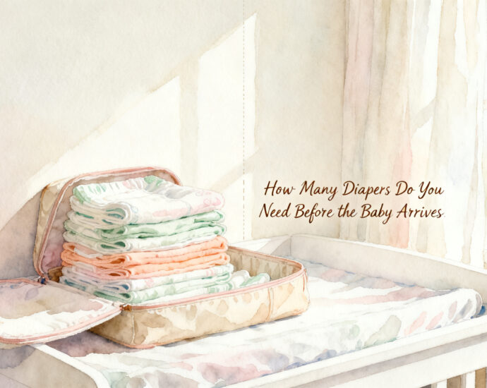 stack of newborn diapers next to size 1 diapers on a white changing table