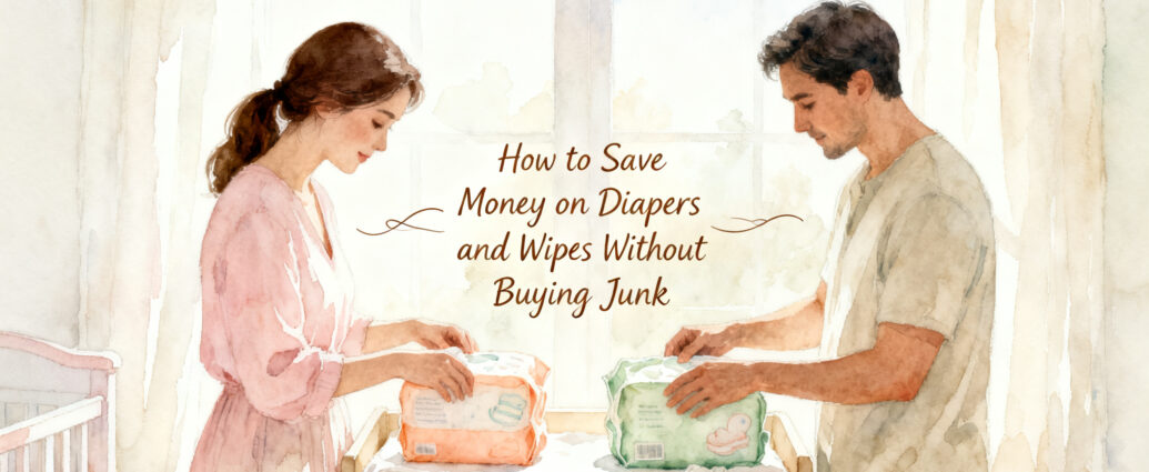 parent comparing diaper packs for best diaper savings on a changing table