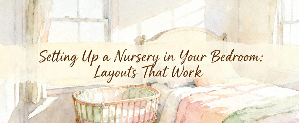 bedroom nursery setup with bassinet beside a parent bed in a softly lit room