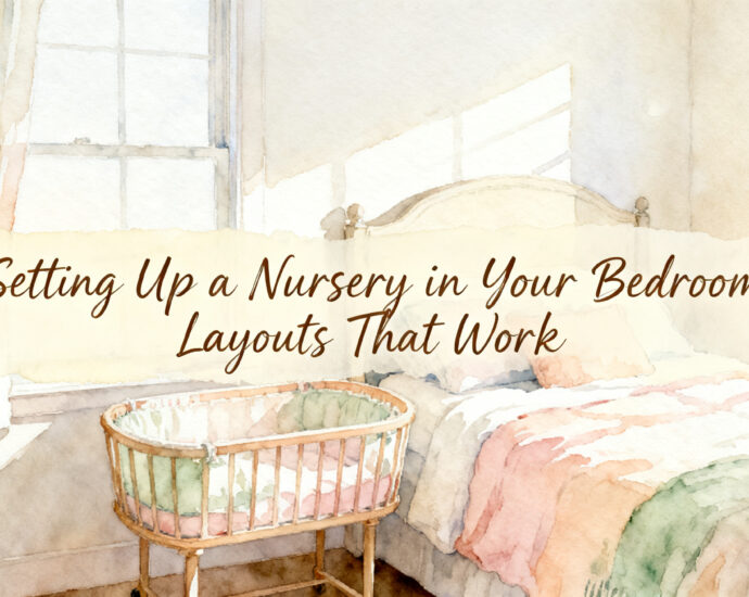 bedroom nursery setup with bassinet beside a parent bed in a softly lit room