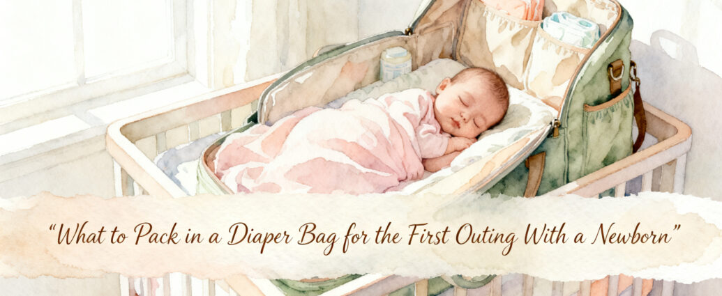 packed diaper bag open beside a newborn on a changing mat