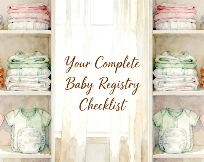 baby registry checklist items including diapers onesies and burp cloths on a nursery shelf